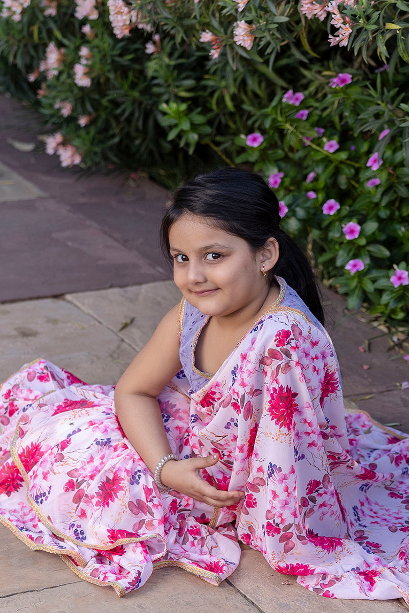 Cutie Diva Girls Pre Draped Ready To Wear Saree With schiffli Blouse