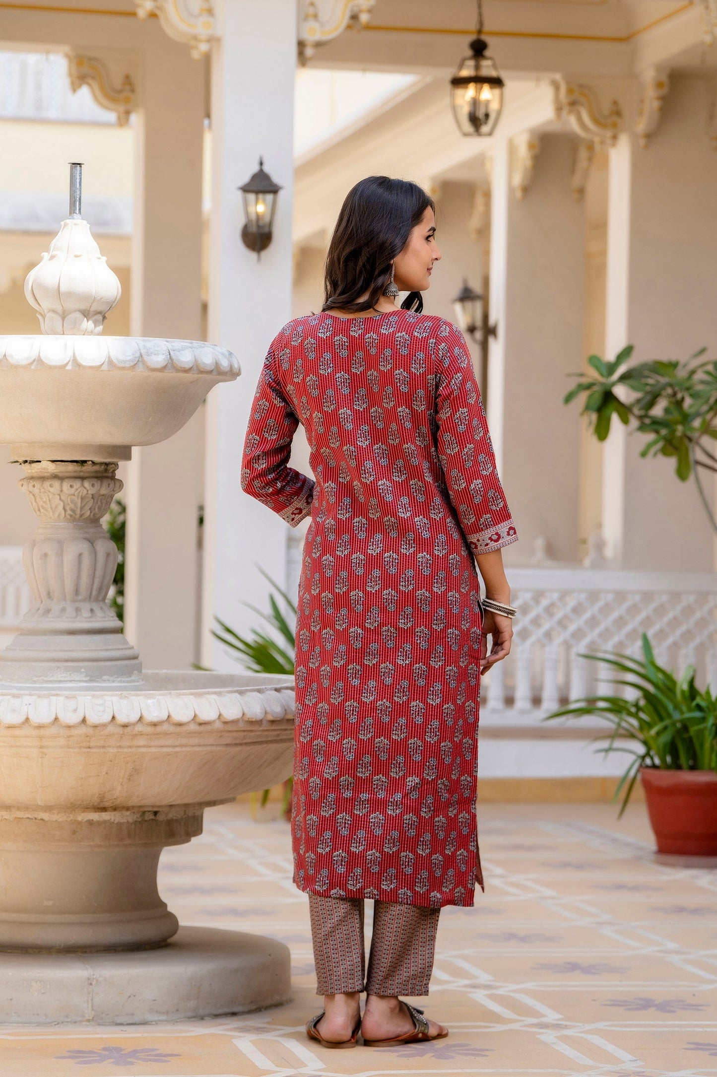 Anam Ethnic Set Women Printed Straight Red Kurta and Pant set with Dupatta