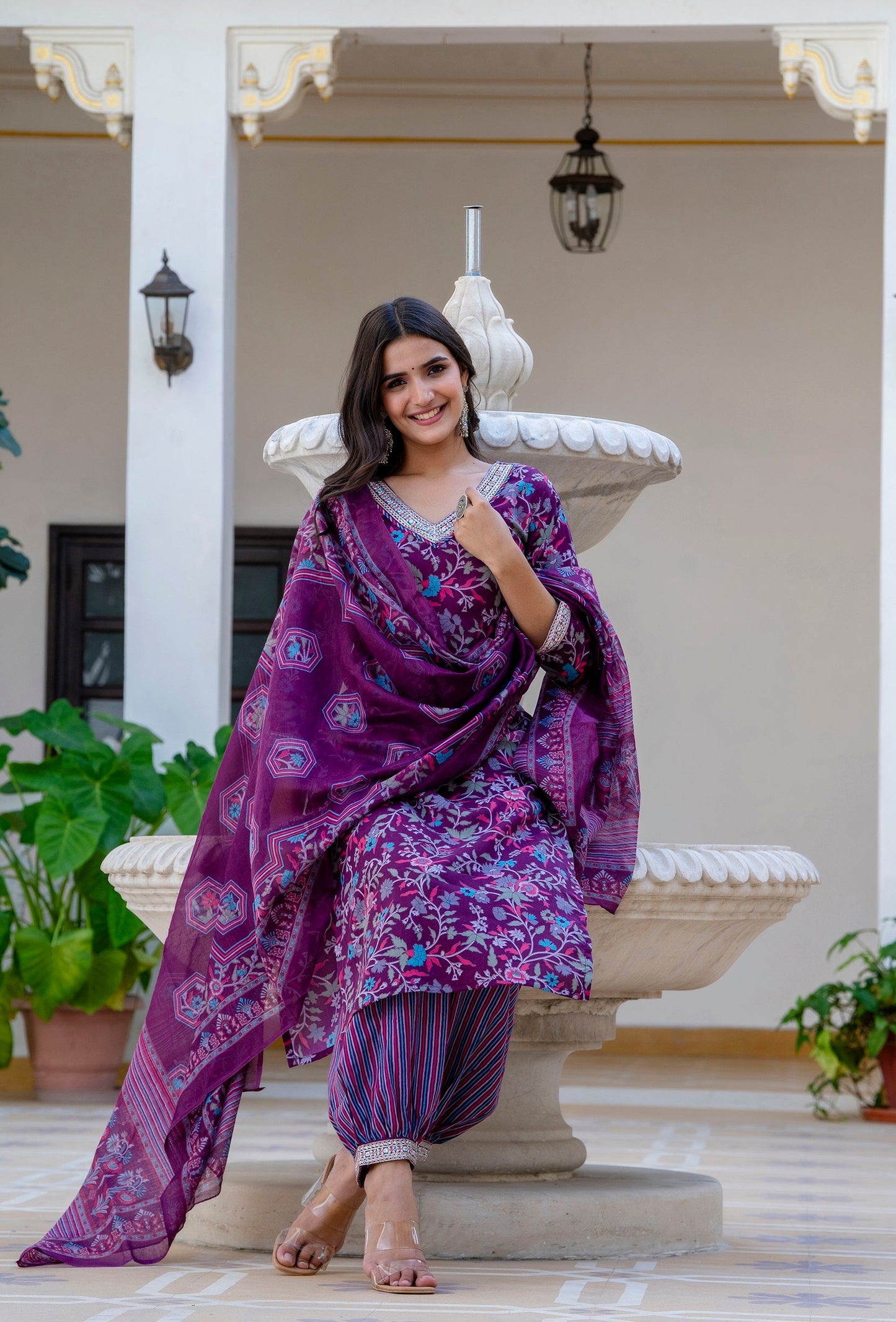 Anam Ethnic Set Women Printed Straight Purple Kurta and Pant set with Dupatta