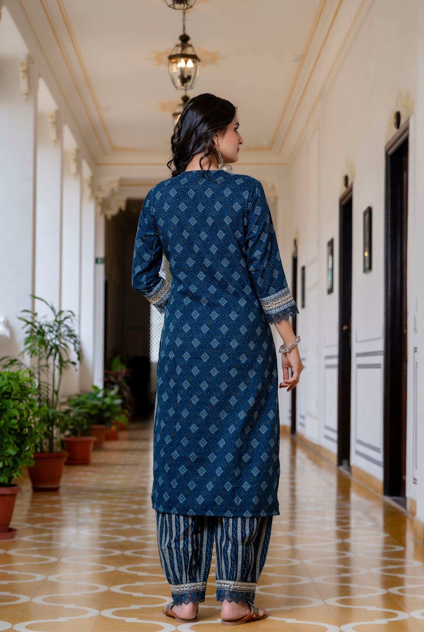 Anam Ethnic Set Women Printed A-Line Navy Blue Kurta and Pant set with Dupatta