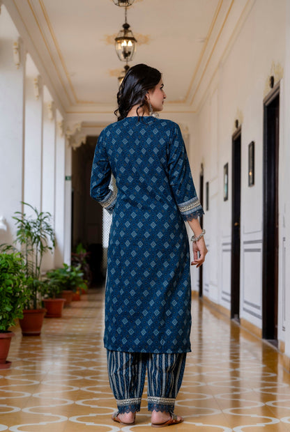 Anam Ethnic Set Women Printed A-Line Navy Blue Kurta and Pant set with Dupatta