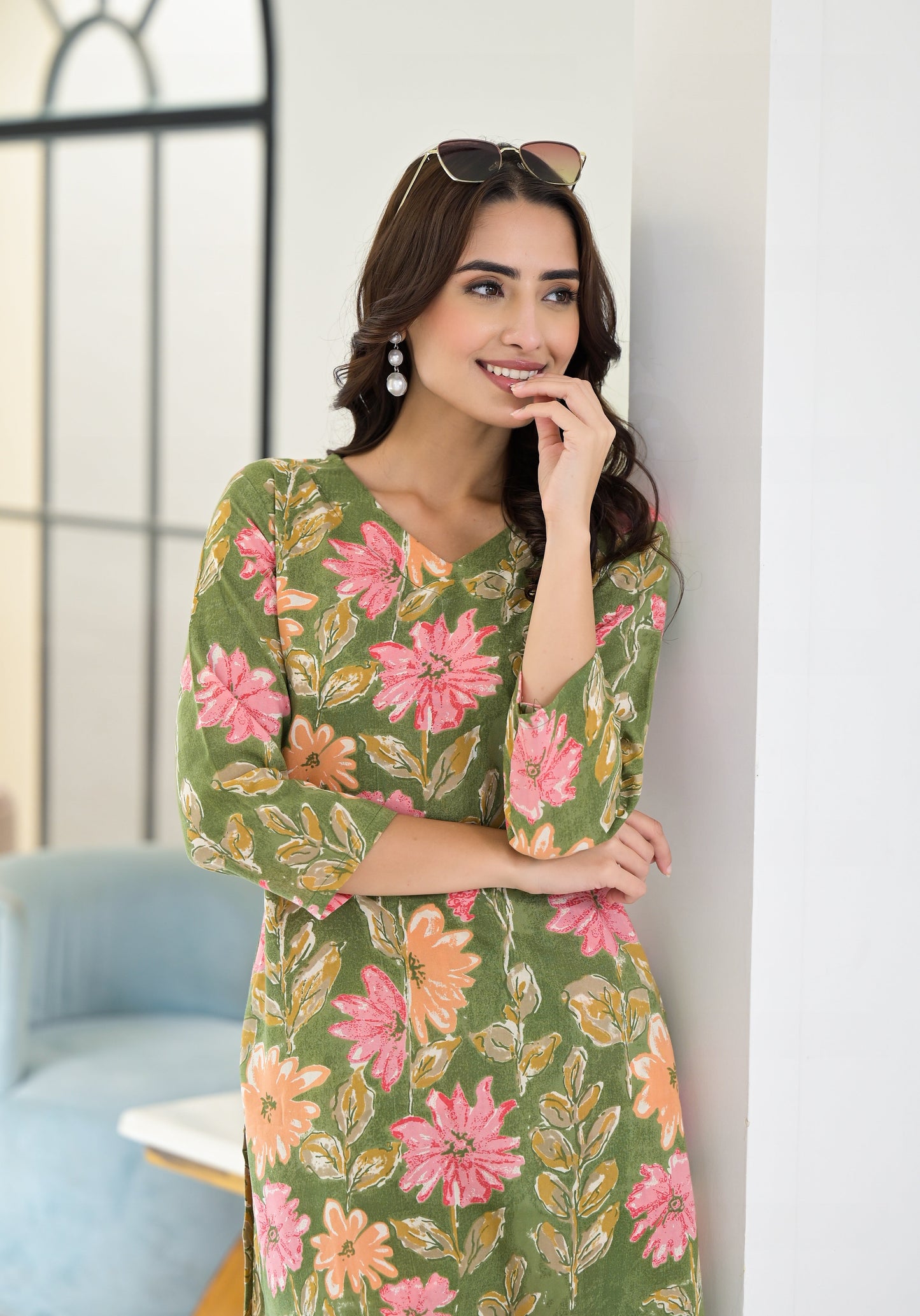 Anam Ethnic Set Floral Printed Green Co-ord Set