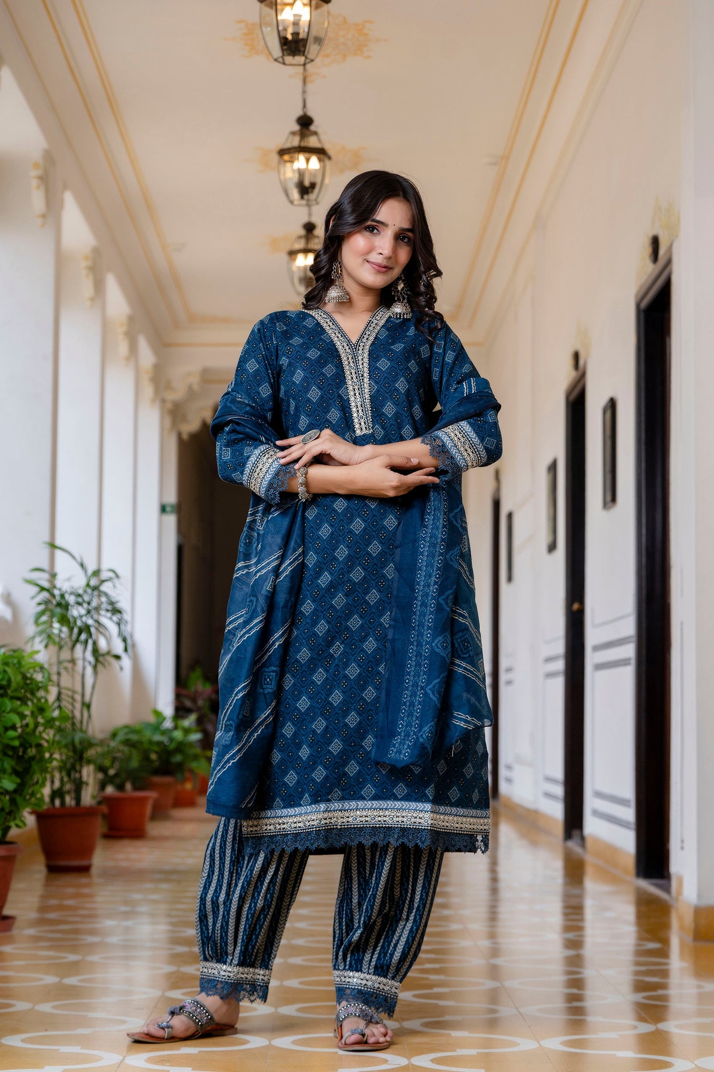 Anam Ethnic Set Women Printed A-Line Navy Blue Kurta and Pant set with Dupatta