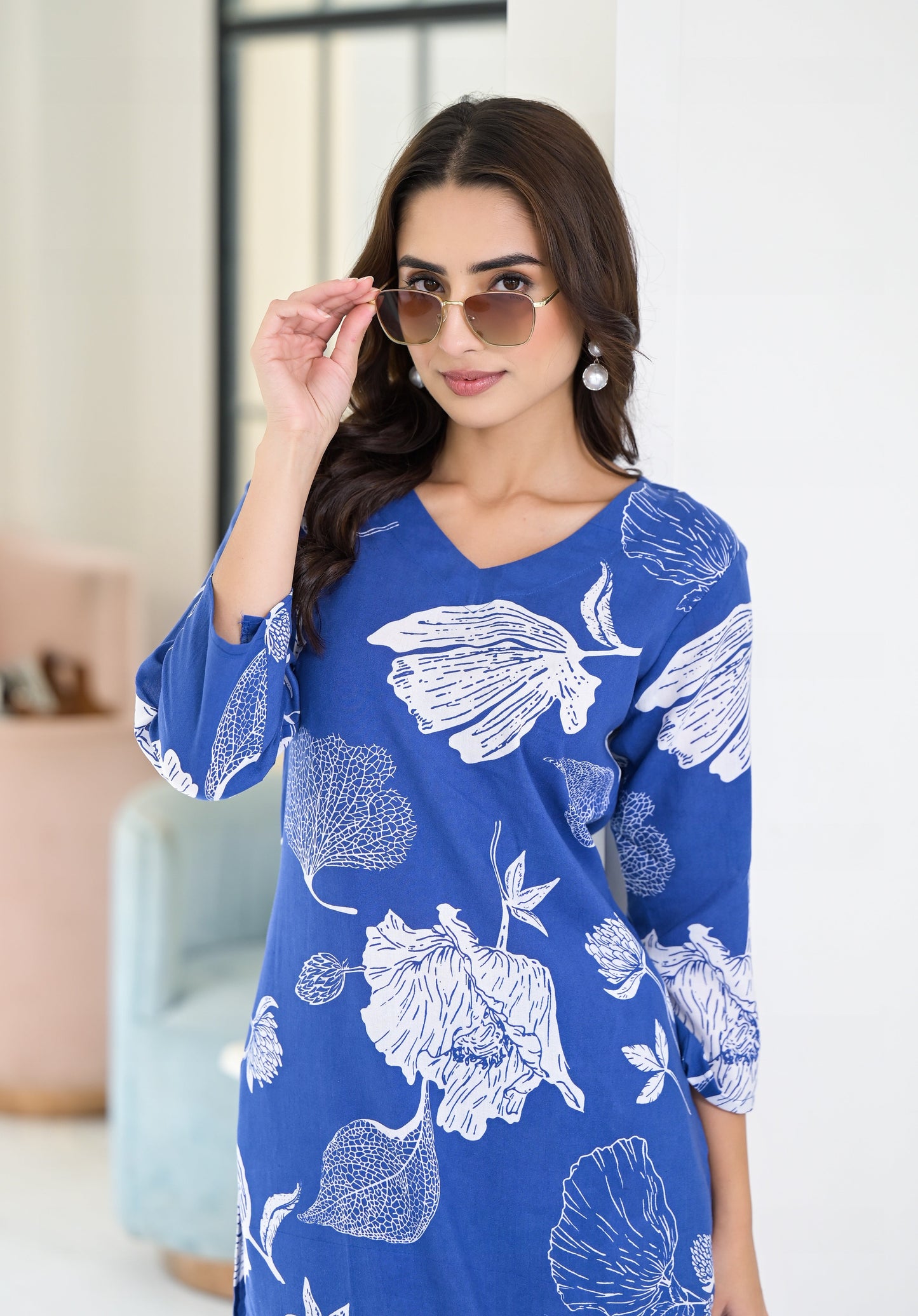 Anam Ethnic Set Floral Printed Blue Co-ord Set