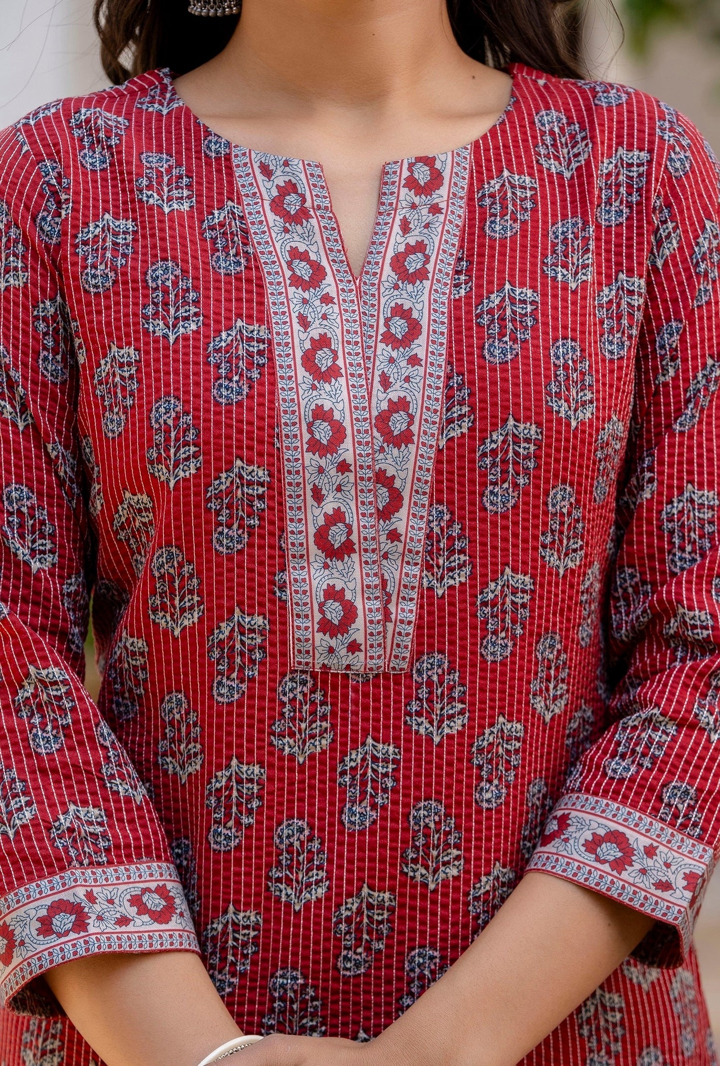 Anam Ethnic Set Women Printed Straight Red Kurta and Pant set with Dupatta