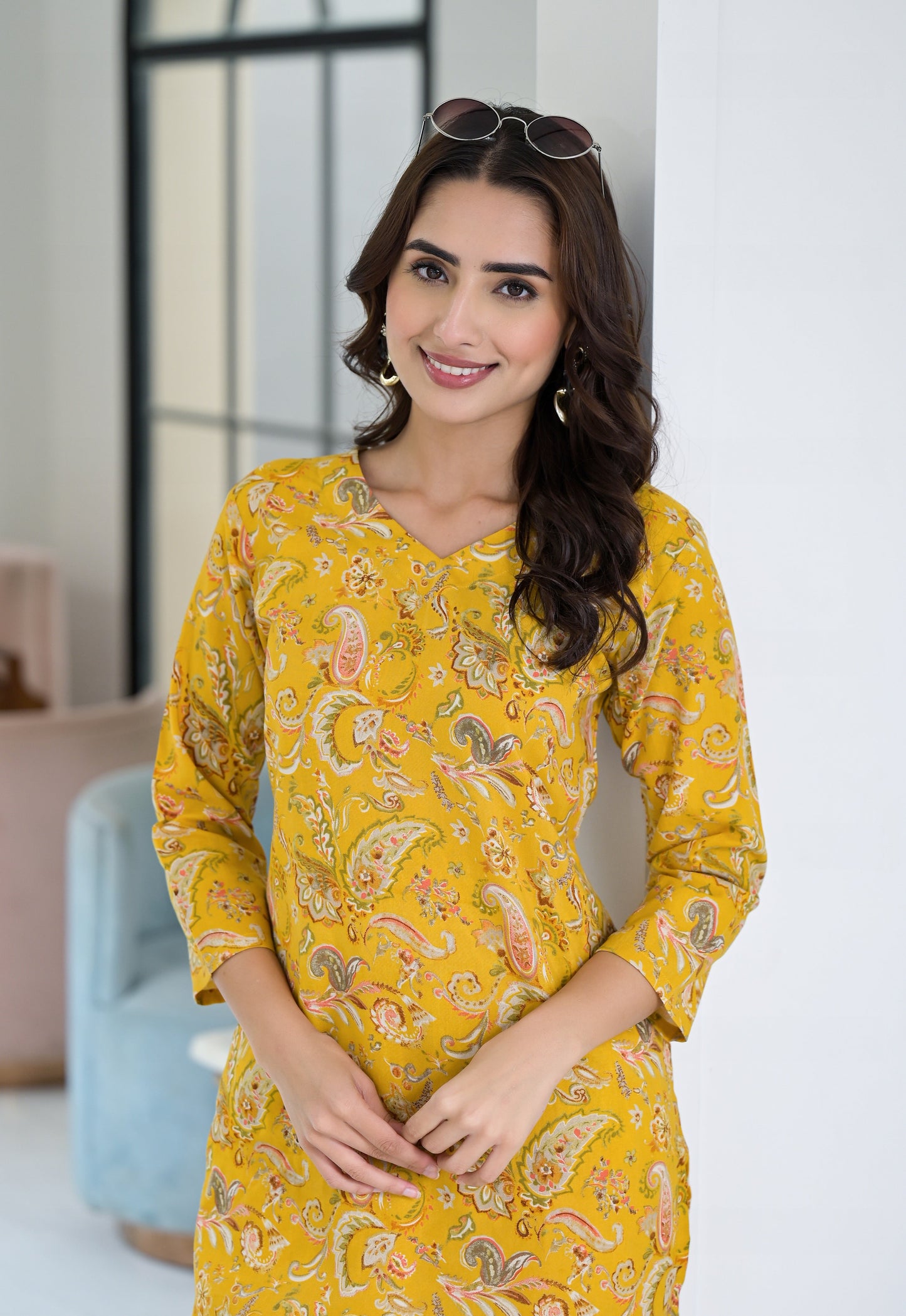 Anam Ethnic Set Floral Printed Yellow Co-ord Set