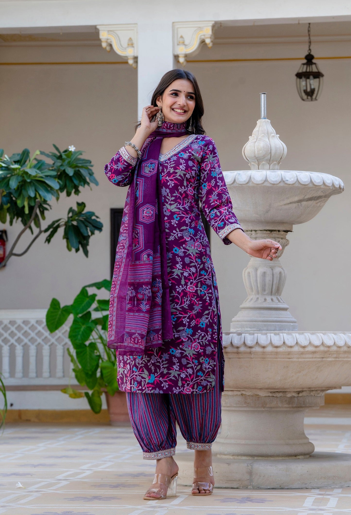 Anam Ethnic Set Women Printed Straight Purple Kurta and Pant set with Dupatta