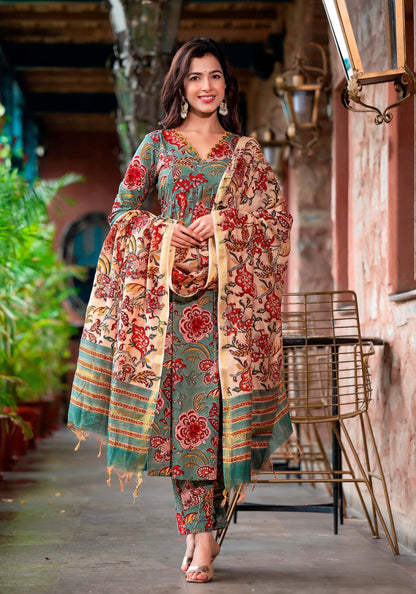 Anam Ethnic Set Women Printed Straight Kurta and Pant set with Dupatta