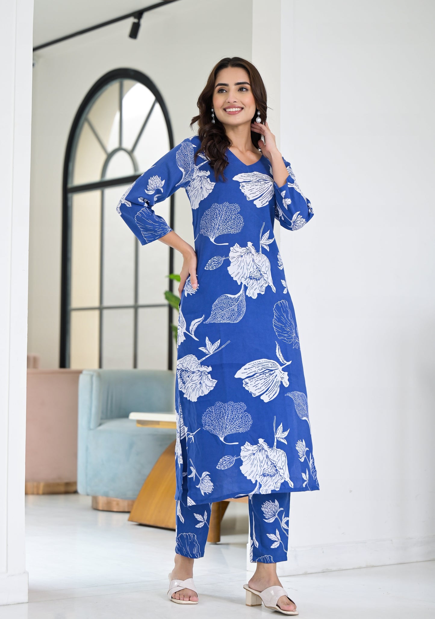 Anam Ethnic Set Floral Printed Blue Co-ord Set