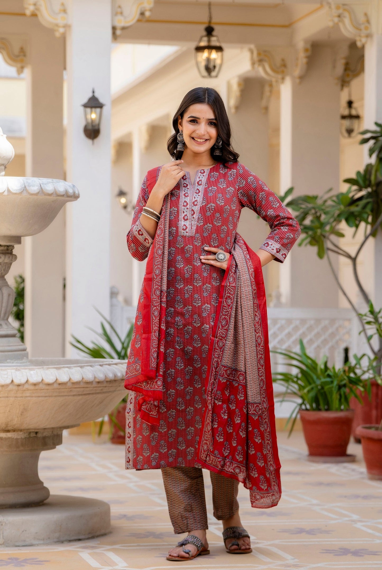 Anam Ethnic Set Women Printed Straight Red Kurta and Pant set with Dupatta