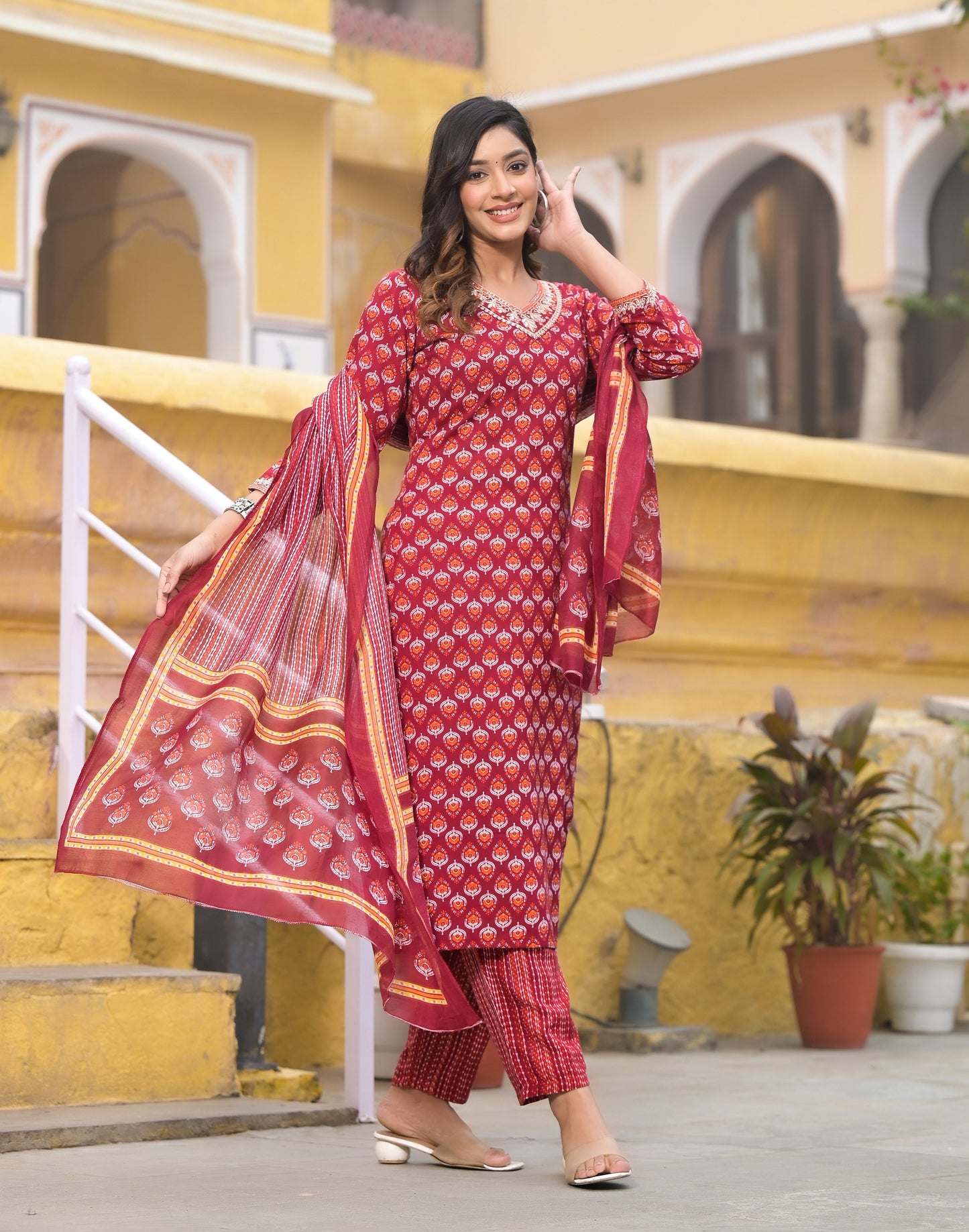 Anam Ethnic Set Women Block Printed Straight Kurta and Pant set with Dupatta