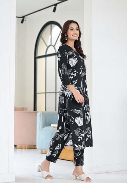 Anam Ethnic Set Floral Printed Black Co-ord Set