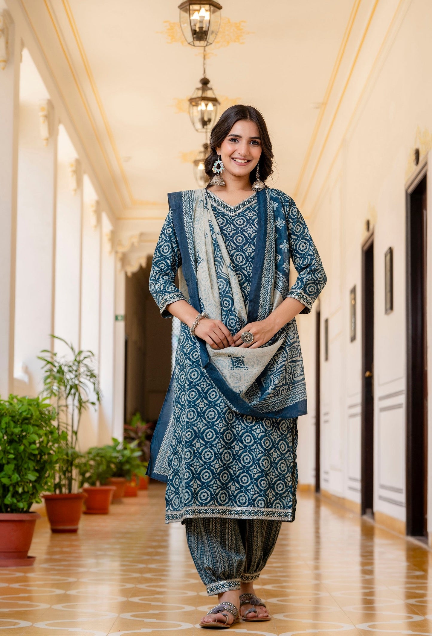 Anam Ethnic Set Women Printed Straight Blue Kurta and Pant set with Dupatta