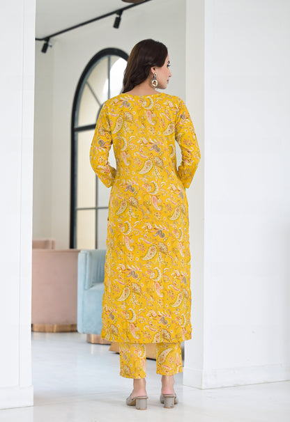 Anam Ethnic Set Floral Printed Yellow Co-ord Set