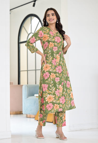 Anam Ethnic Set Floral Printed Green Co-ord Set