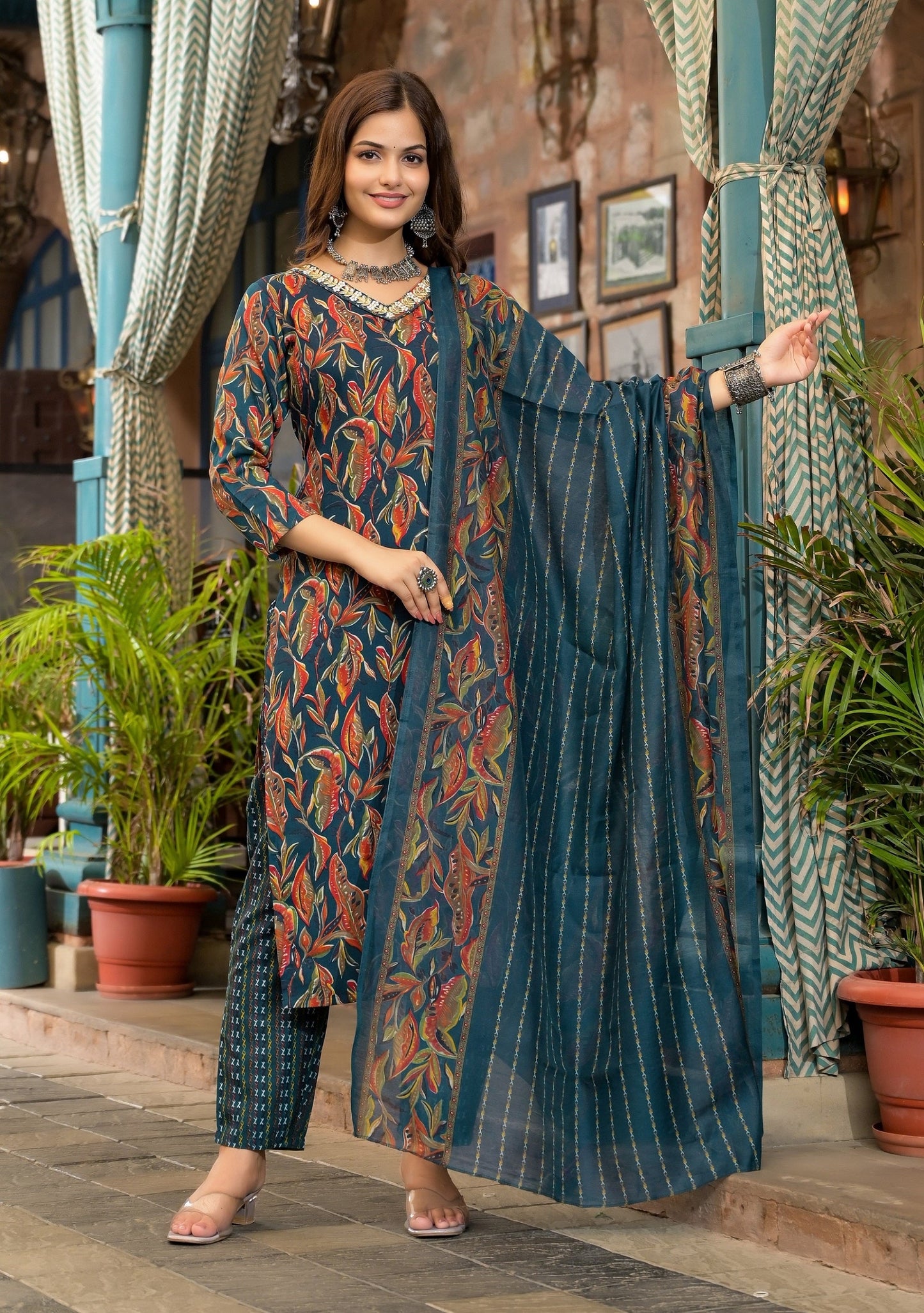 Anam Ethnic Set Women  Embroidery A-Line Kurta and Pant set with Dupatta