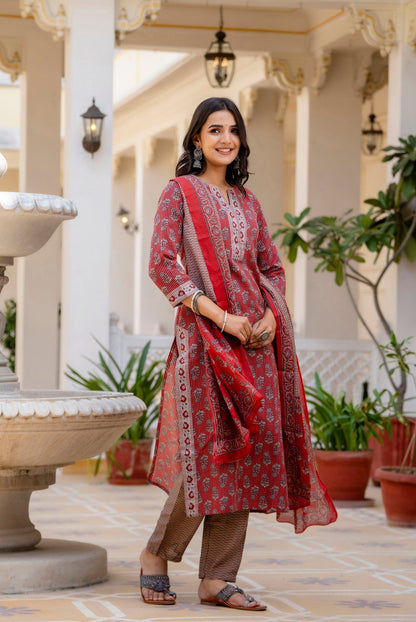 Anam Ethnic Set Women Printed Straight Red Kurta and Pant set with Dupatta