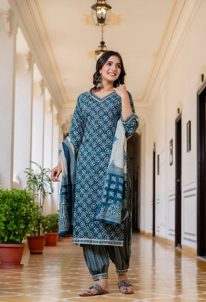 Anam Ethnic Set Women Printed Straight Blue Kurta and Pant set with Dupatta