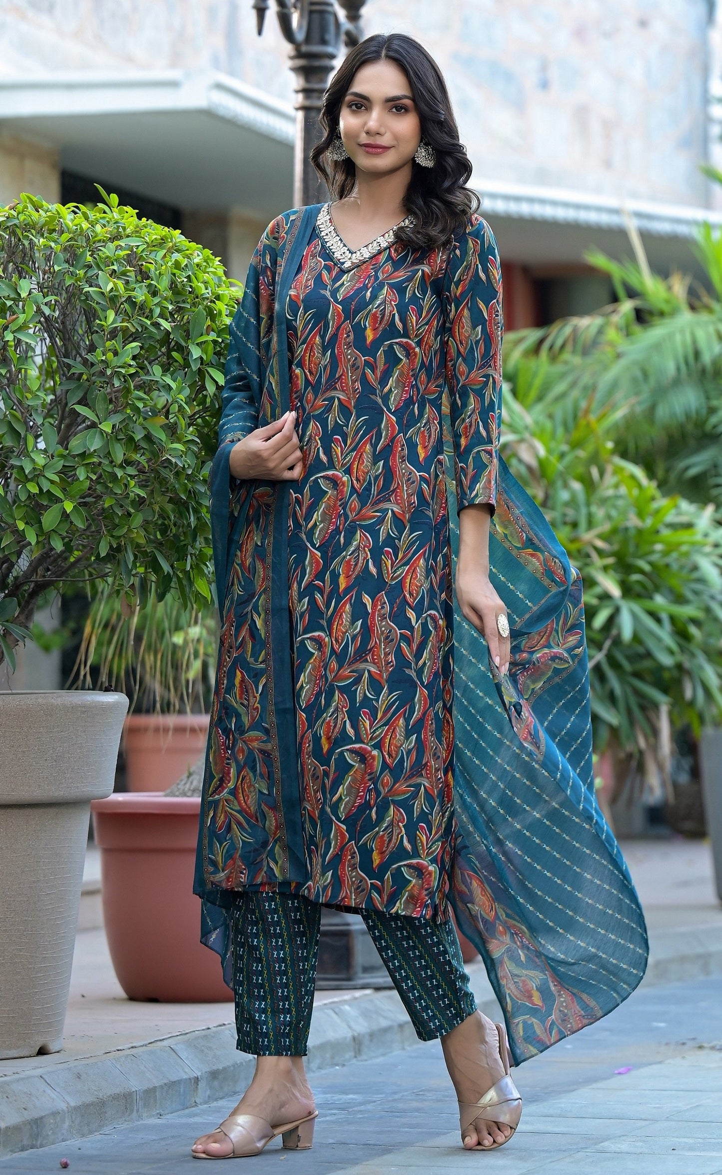 Anam Ethnic Set Women  Embroidery A-Line Kurta and Pant set with Dupatta