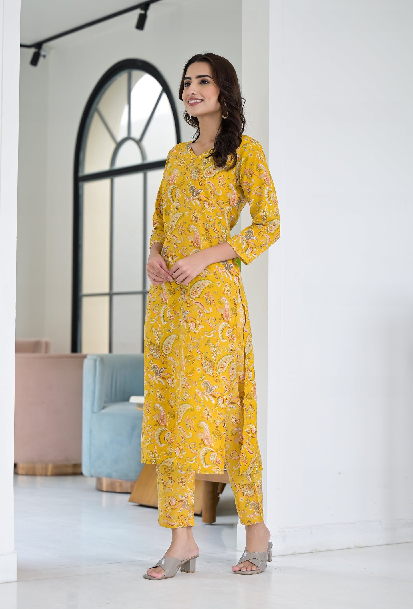 Anam Ethnic Set Floral Printed Yellow Co-ord Set