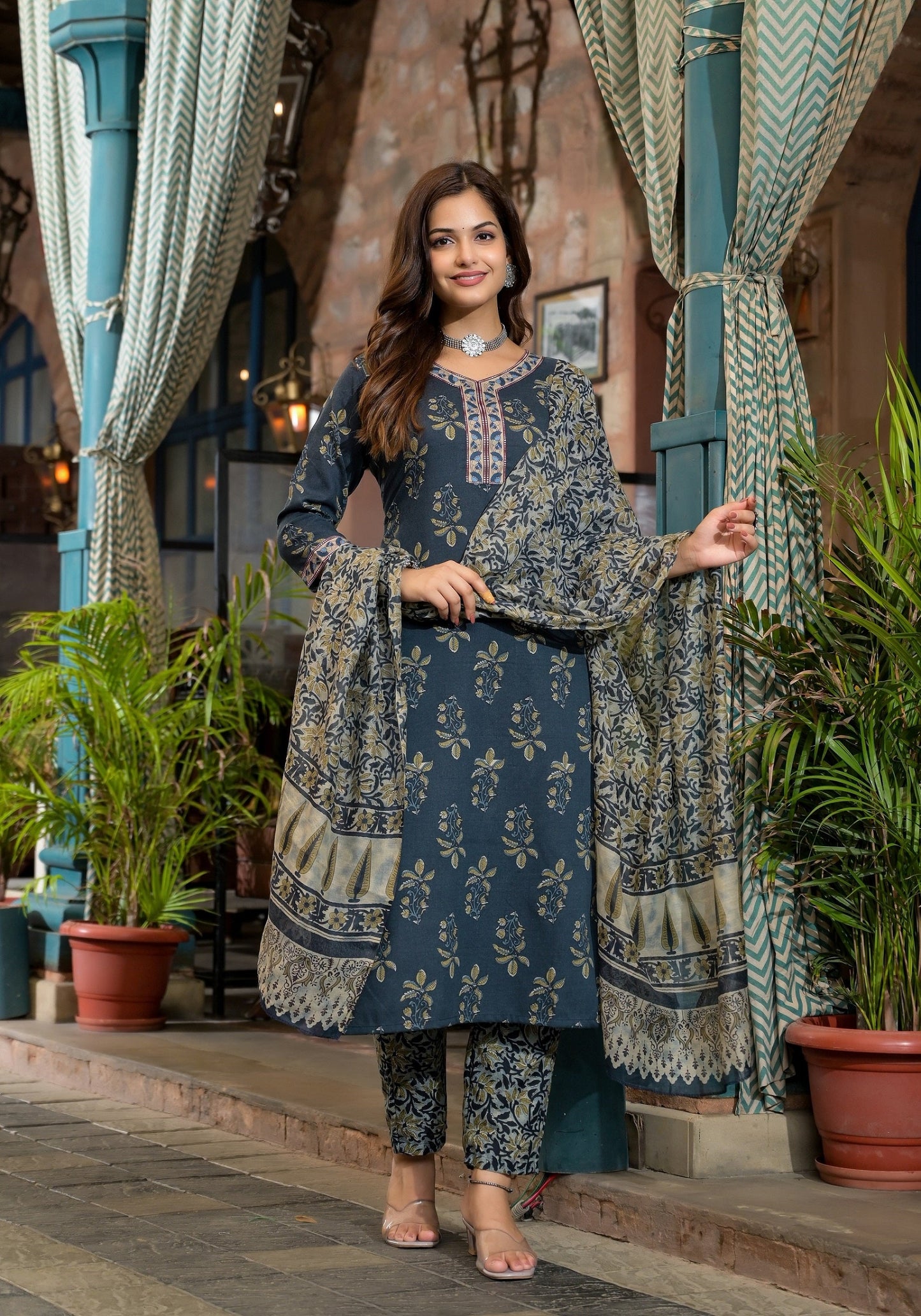 Anam Ethnic Set Women Printed Straight Kurta and Pant set with Dupatta