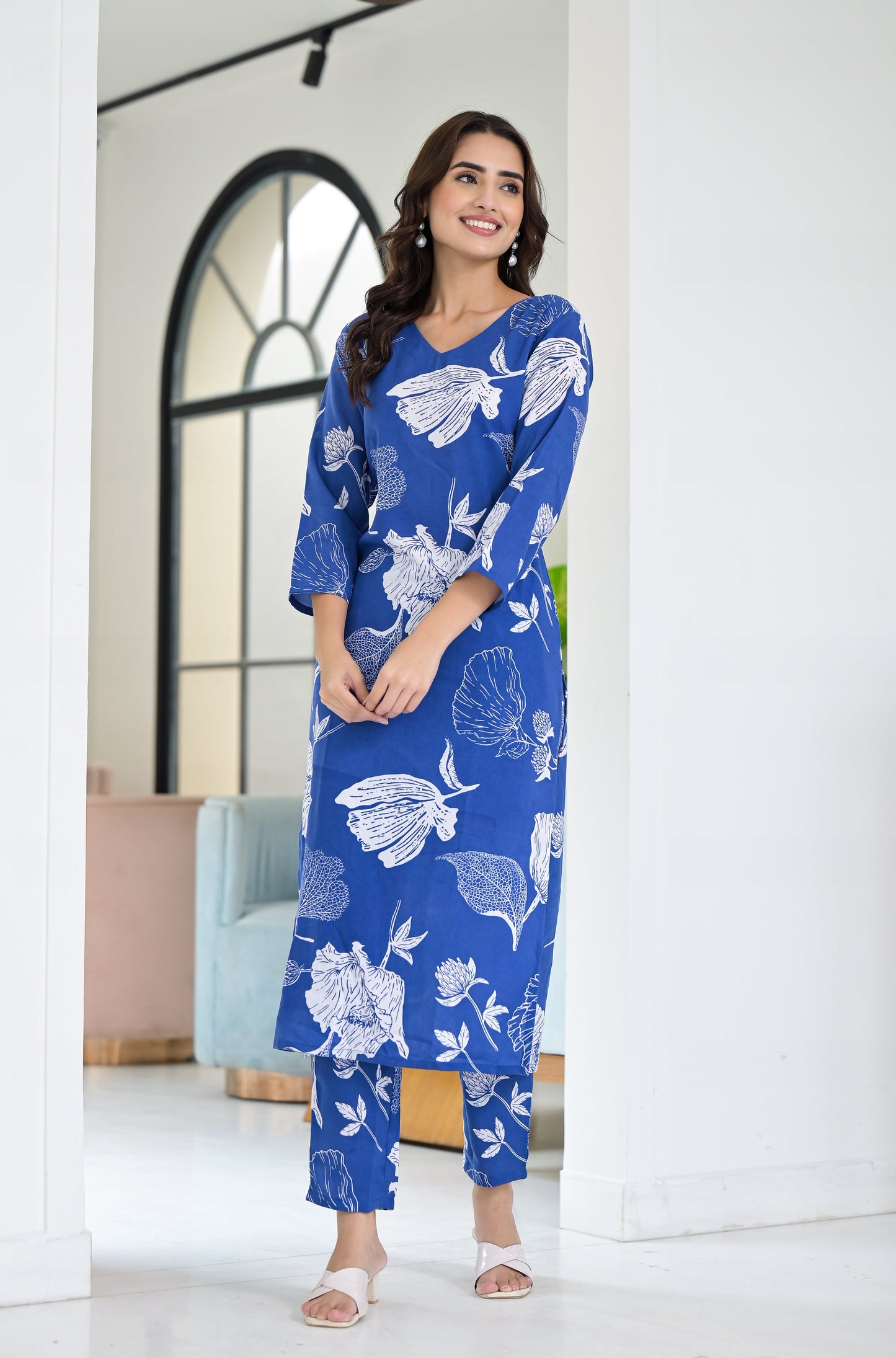 Anam Ethnic Set Floral Printed Blue Co-ord Set