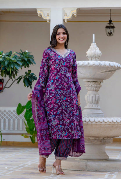 Anam Ethnic Set Women Printed Straight Purple Kurta and Pant set with Dupatta