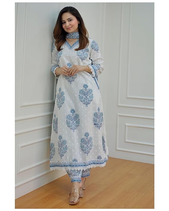 Anam Ethnic Set Women white Printed Straight Kurta and Pant set with Dupatta