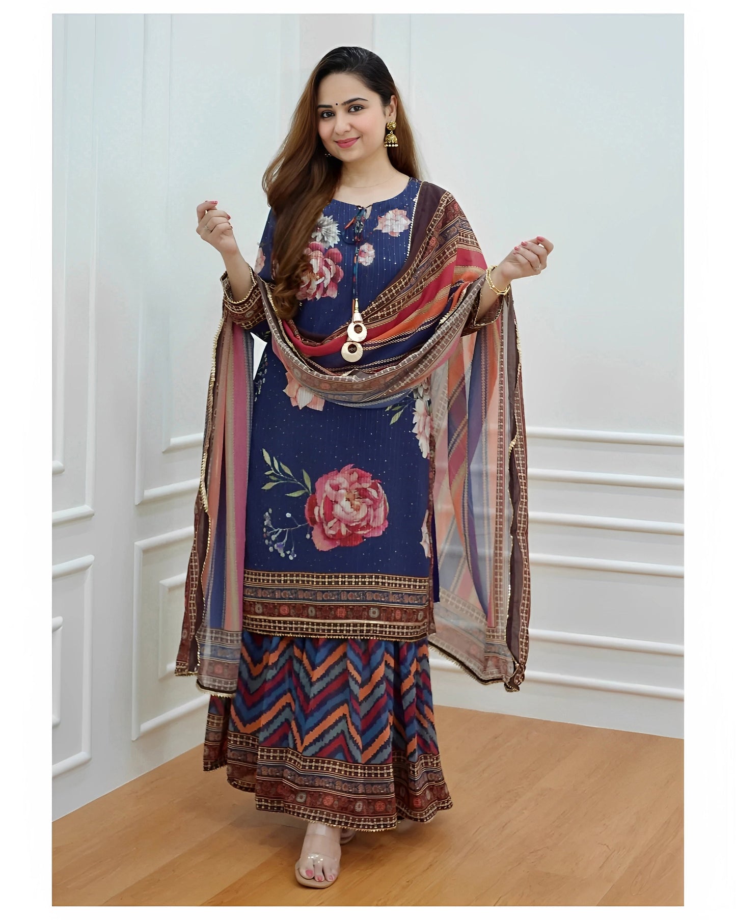 Ethnic Set Women Printed and Embroidered Kurta and Sharara Set with Dupatta