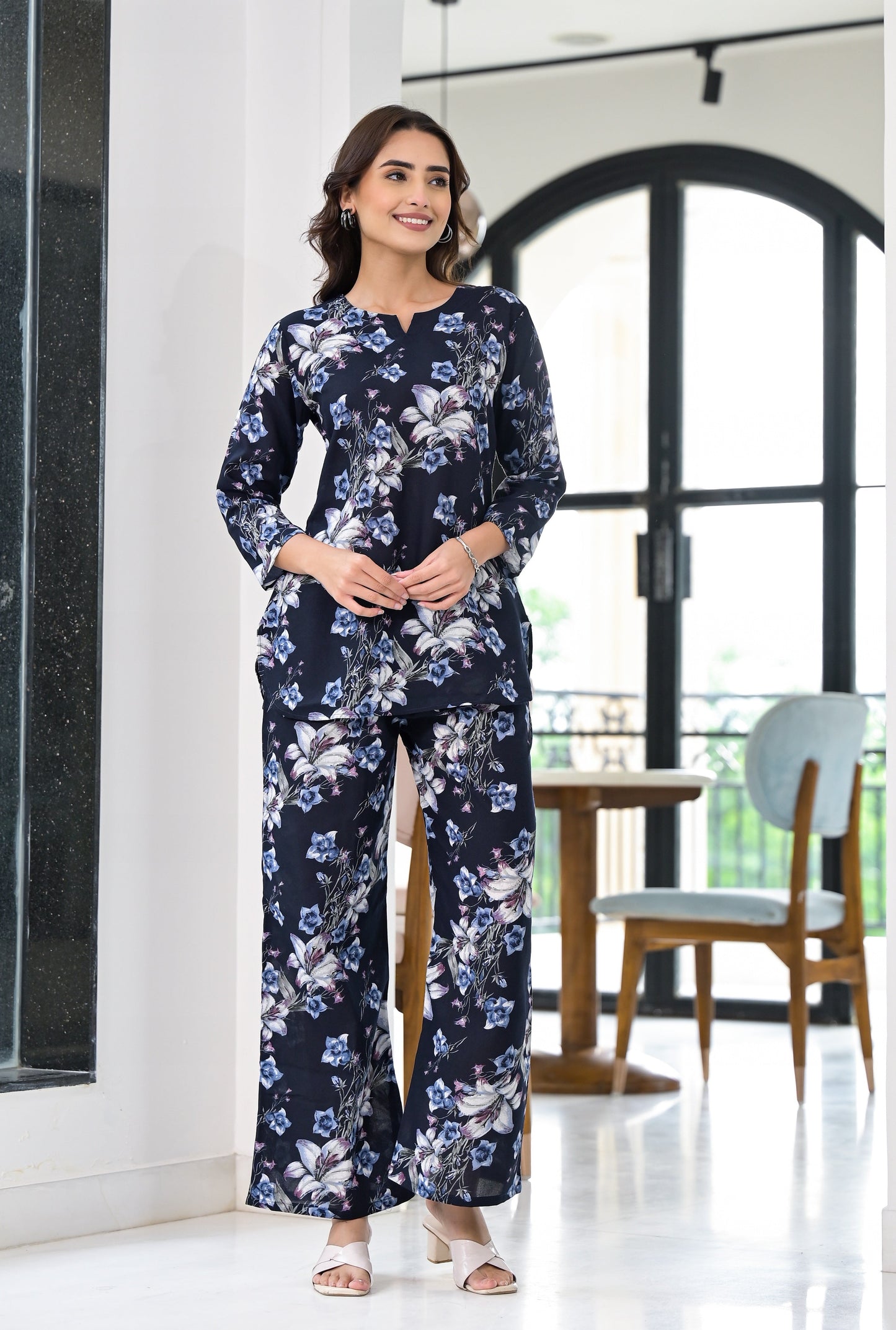 Anam Ethnic Set Floral Printed Navy Blue Co-ord Set