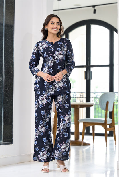 Anam Ethnic Set Floral Printed Navy Blue Co-ord Set