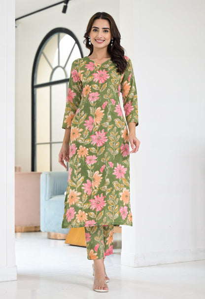 Anam Ethnic Set Floral Printed Green Co-ord Set