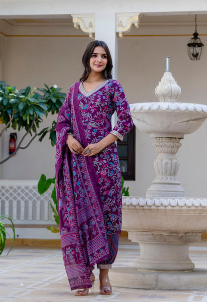 Anam Ethnic Set Women Printed Straight Purple Kurta and Pant set with Dupatta