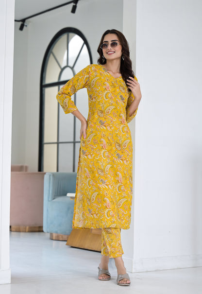 Anam Ethnic Set Floral Printed Yellow Co-ord Set