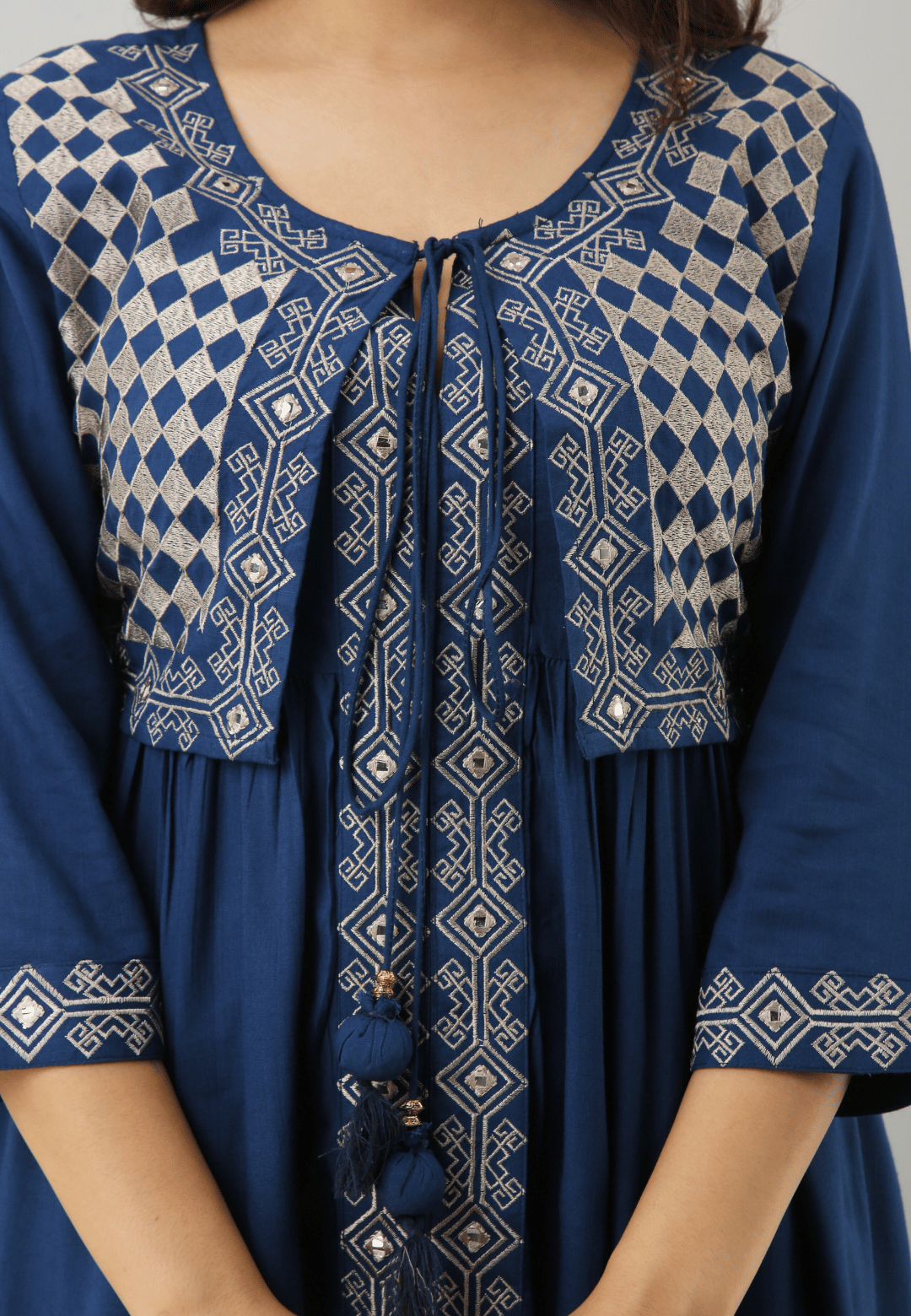 Anam jaipuri Embroidered Jacketed Nyra-Cut Kurta in Dark Blue