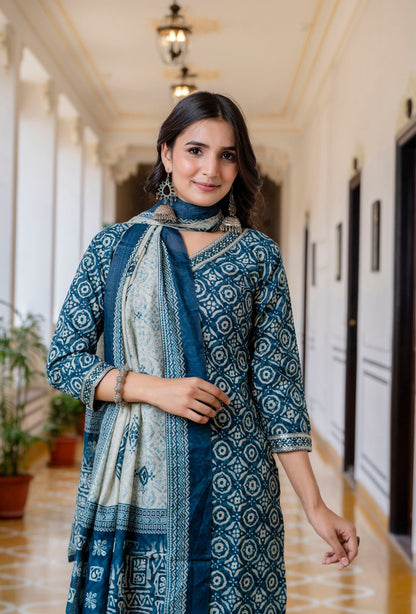 Anam Ethnic Set Women Printed Straight Blue Kurta and Pant set with Dupatta