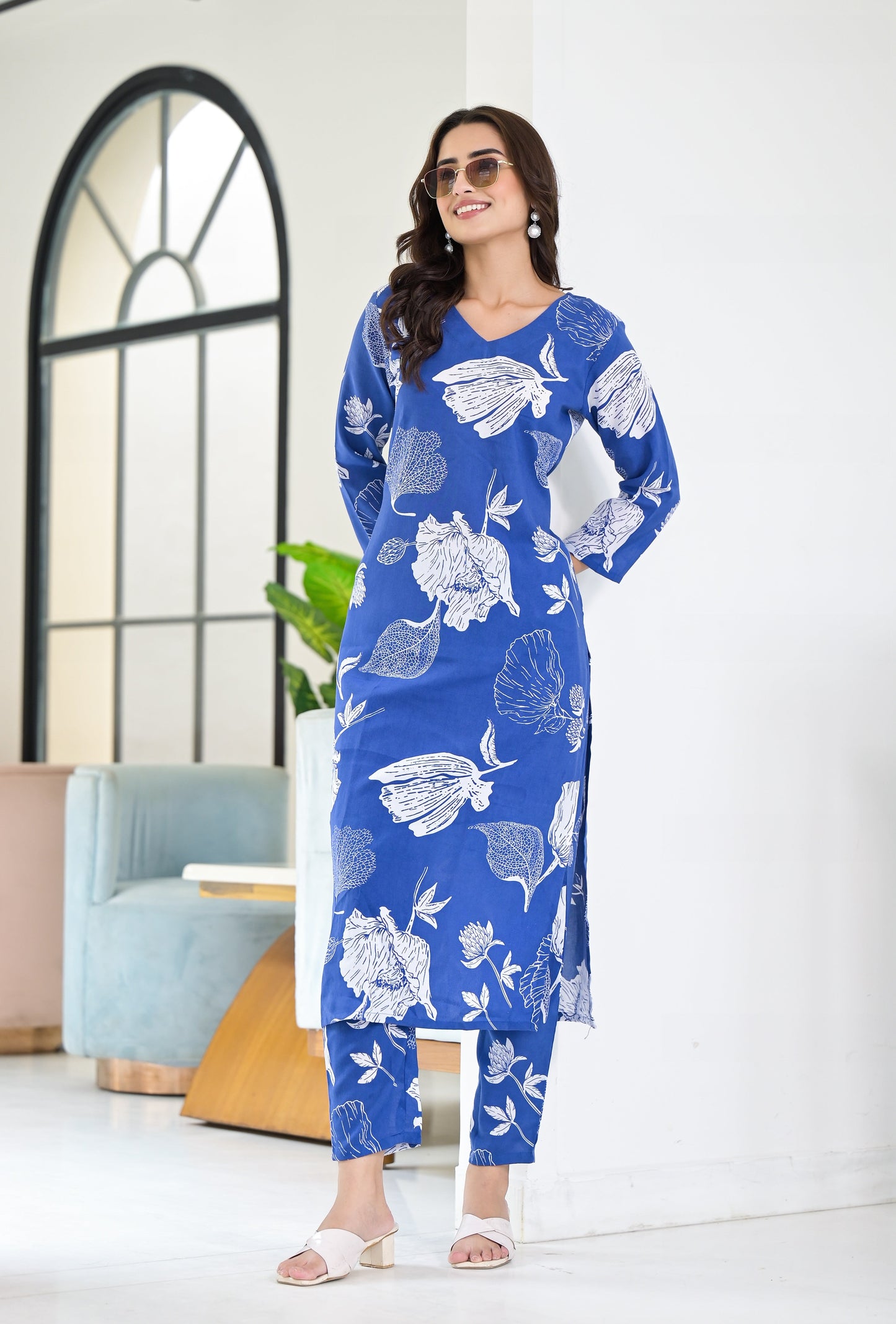 Anam Ethnic Set Floral Printed Blue Co-ord Set