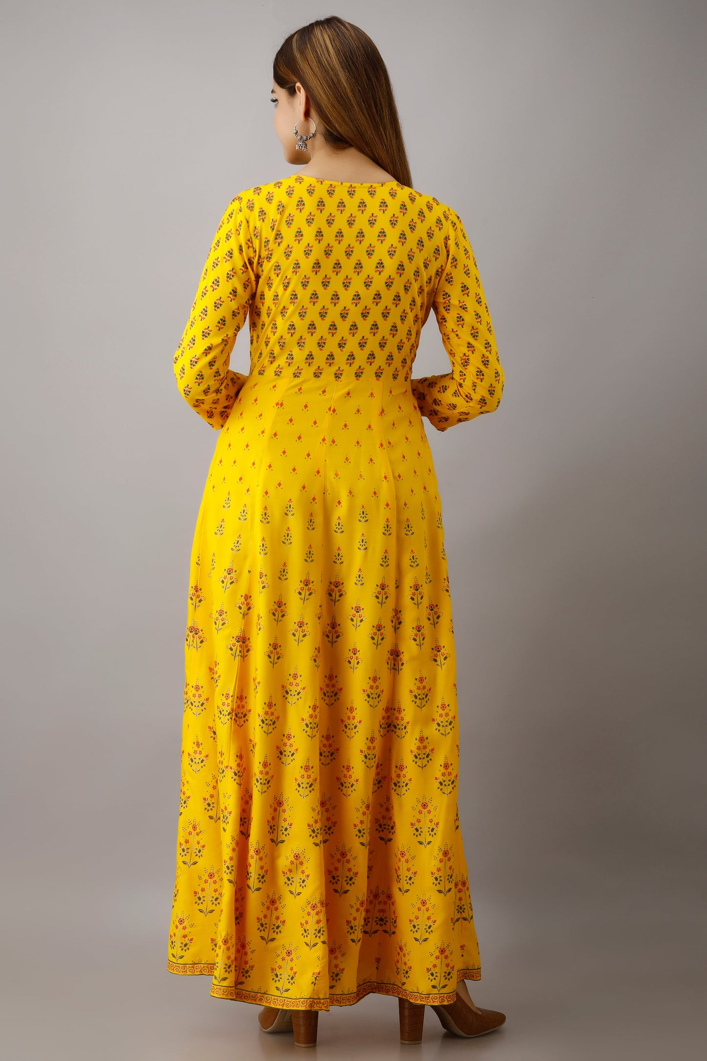 Anam jaipuri Gold Printed Anarkali Flared Kurta In Lemon Yellow