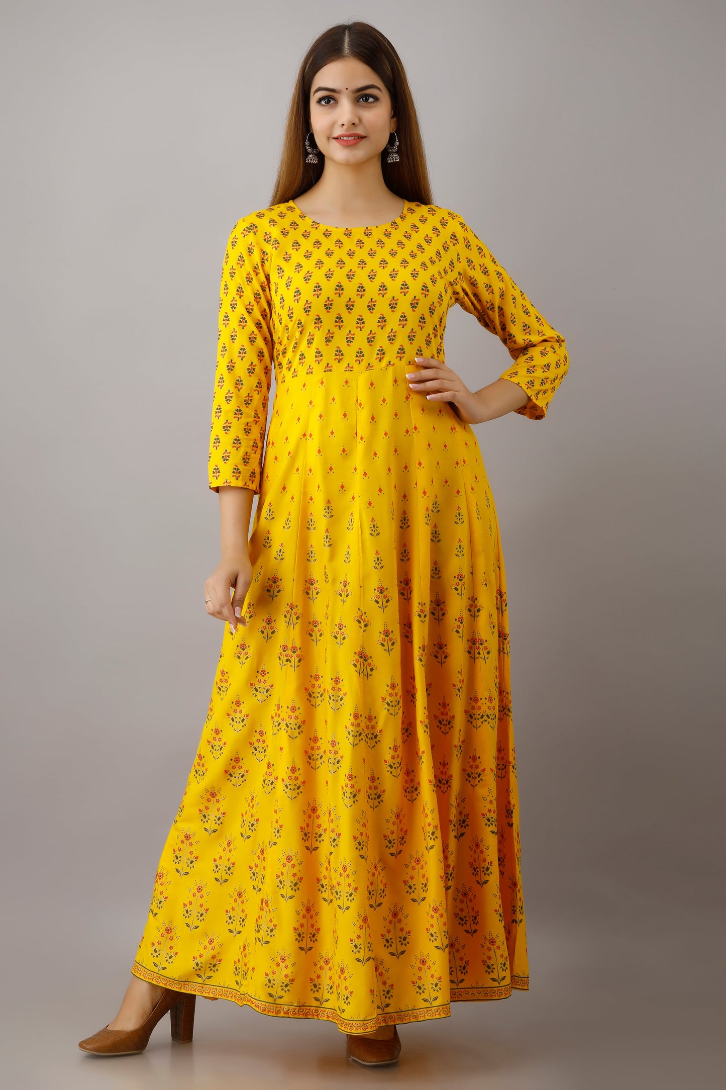 Anam jaipuri Gold Printed Anarkali Flared Kurta In Lemon Yellow