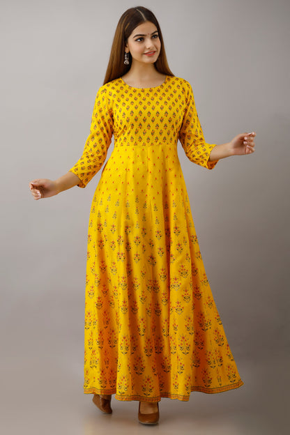 Anam jaipuri Gold Printed Anarkali Flared Kurta In Lemon Yellow