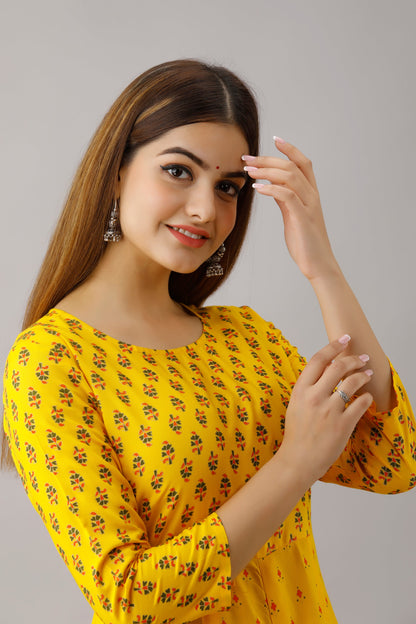 Anam jaipuri Gold Printed Anarkali Flared Kurta In Lemon Yellow