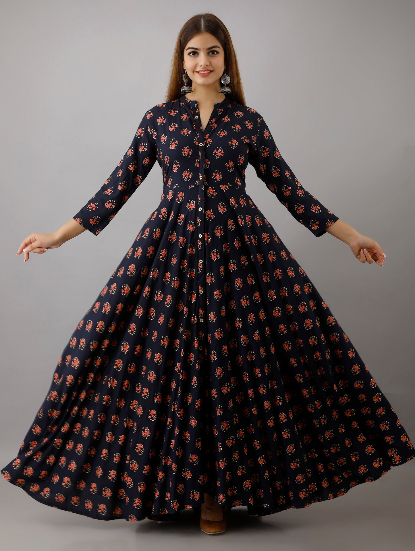 Anam jaipuri Long Flared Printed Kurta in Dark Blue