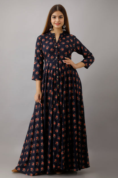 Anam jaipuri Long Flared Printed Kurta in Dark Blue