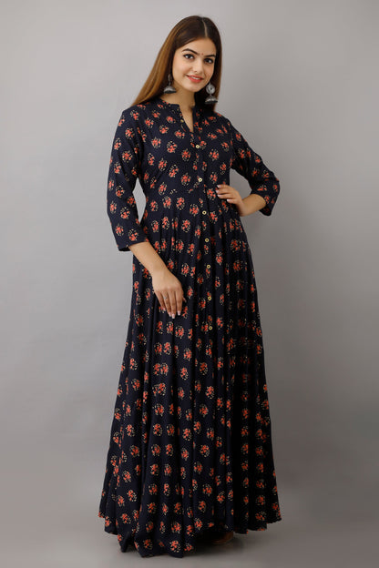 Anam jaipuri Long Flared Printed Kurta in Dark Blue