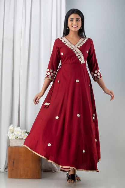 Anam jaipuri  Maroon Gotta Patti Embroidered Festive & Wedding Wear Flared Long Kurta