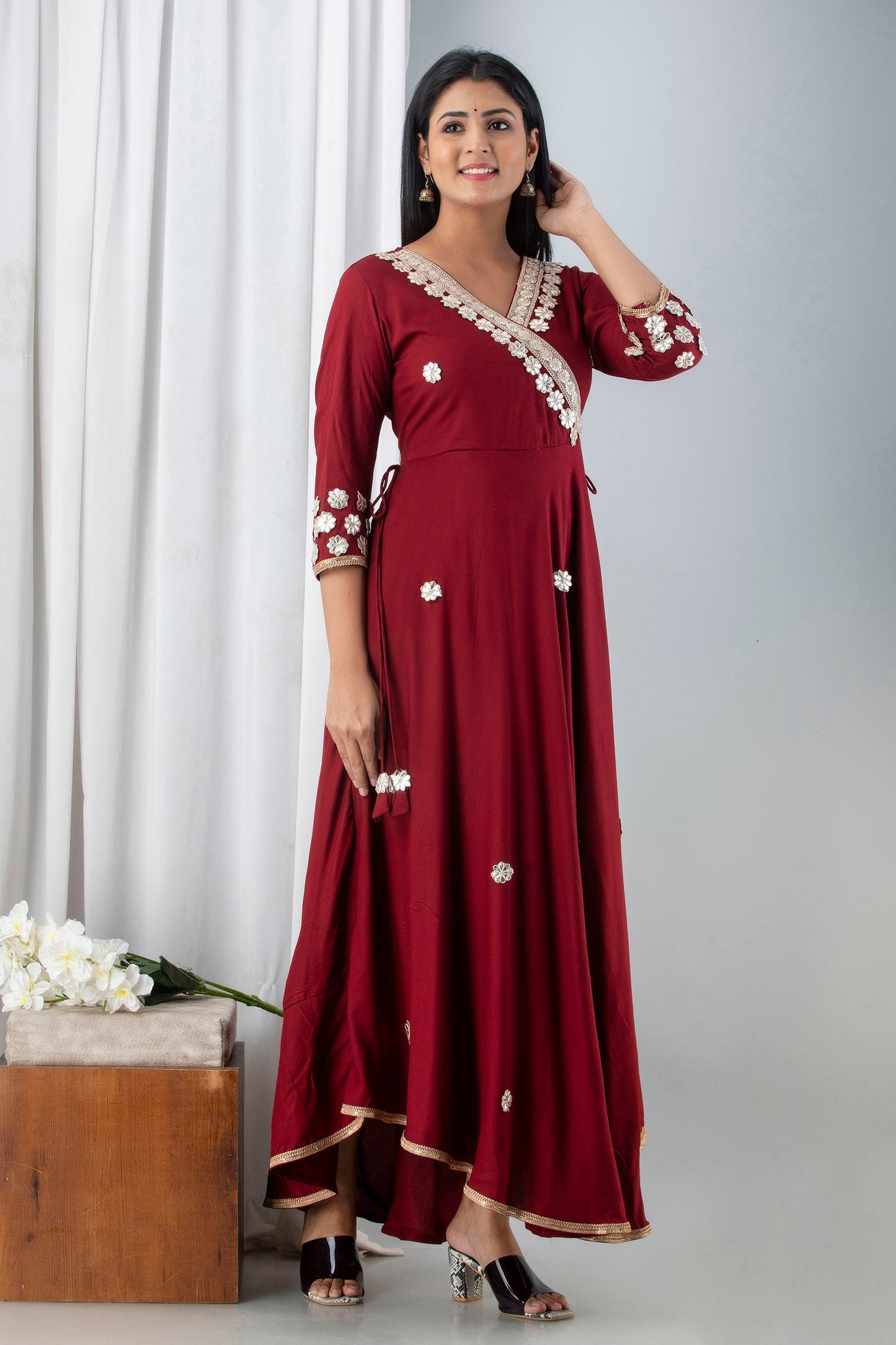 Anam jaipuri  Maroon Gotta Patti Embroidered Festive & Wedding Wear Flared Long Kurta