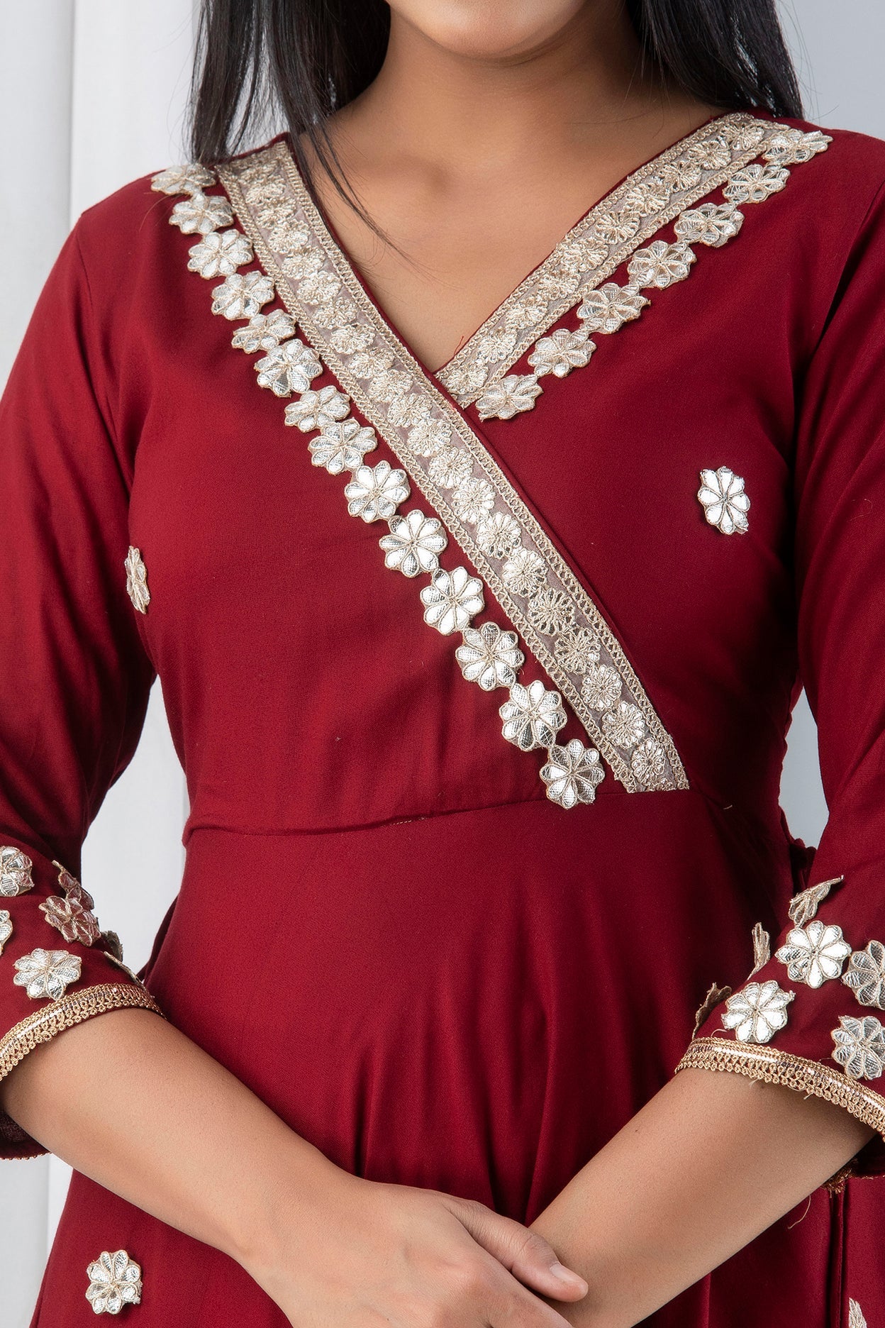 Anam jaipuri  Maroon Gotta Patti Embroidered Festive & Wedding Wear Flared Long Kurta