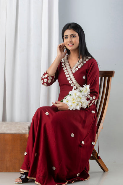 Anam jaipuri  Maroon Gotta Patti Embroidered Festive & Wedding Wear Flared Long Kurta