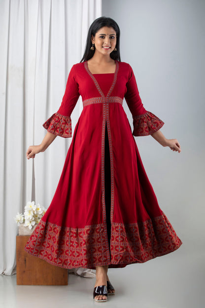 Anam jaipuri Red Open Front Designer Festive Wear Long Kurta