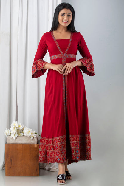 Anam jaipuri Red Open Front Designer Festive Wear Long Kurta